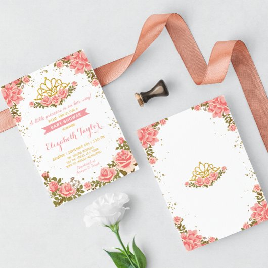 ピンクと金ゴールドプリンセスクラウンフローラベビーシャワー 招待状