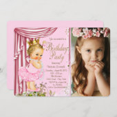 ピンクと金ゴールドプリンセストゥチュパールバースデーパーティー 招待状 (正面/裏面)