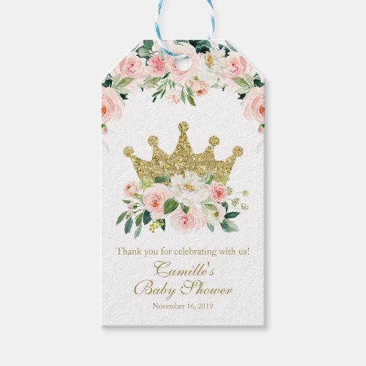 ピンクと金ゴールドプリンセスベビーシャワーメッセージカード ギフトタグ (正面)