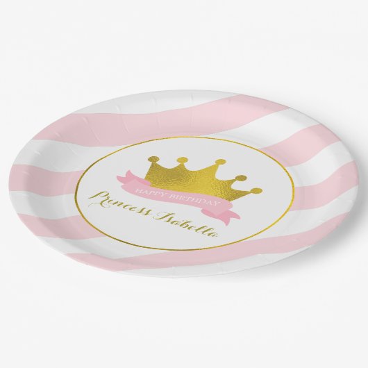 ピンクと金ゴールドプリンセス誕生日パーティー ペーパープレート (アングル)