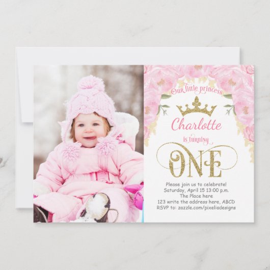 ピンクと金ゴールドプリンセス1歳の誕生日 招待状 (正面)