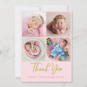 ピンクと金ゴールドベビーサンキューカード写真集 招待状 (正面)