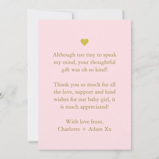 ピンクと金ゴールドベビーサンキューカード写真集 招待状 (裏面)