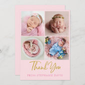 ピンクと金ゴールドベビーサンキューカード写真集 招待状 (正面/裏面)