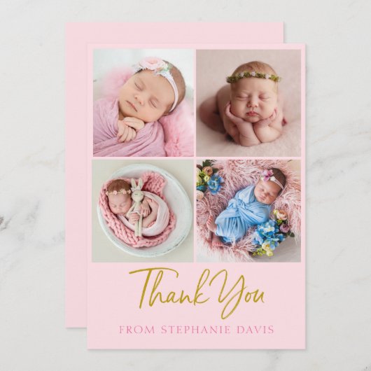ピンクと金ゴールドベビーサンキューカード写真集 招待状 (正面/裏面)