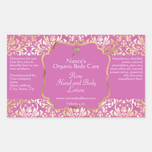 ピンクと金ゴールドホイルダマスク化粧品ボトルラベル 長方形シール (正面)
