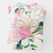 ピンクと金ゴールドマグノリアフローラ水彩 ラッピングペーパーシート (インサイチュ)