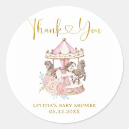 ピンクと金ゴールドマジカル回転木馬ありがとうステッカー ラウンドシール