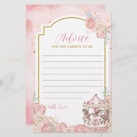 ピンクと金ゴールドマジカル回転木馬アドバイスカード (正面/裏面)