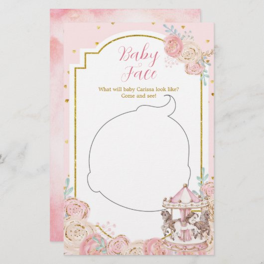 ピンクと金ゴールドマジカル回転木馬ベビー顔カード (正面/裏面)