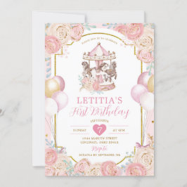 ピンクと金ゴールドマジカル回転木馬誕生日招待状 招待状