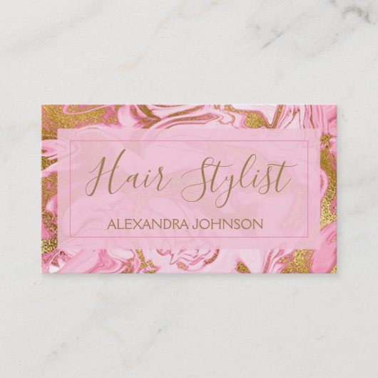 ピンクと金ゴールドマーブルトレンディー美容師 名刺 (正面)