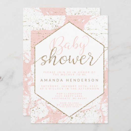 ピンクと金ゴールドマーブルベビーシャワー招待状 招待状 (正面/裏面)