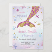 ピンクと金ゴールドマーメイドグリッターテール招待状 招待状 (正面)