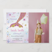ピンクと金ゴールドマーメイドグリッターテール誕生日 招待状 (正面)