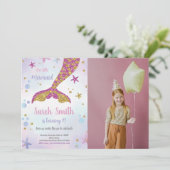 ピンクと金ゴールドマーメイドグリッターテール誕生日 招待状 (スタンド正面)