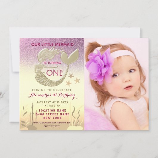 ピンクと金ゴールドマーメイド1歳の誕生日 招待状 (正面)