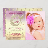 ピンクと金ゴールドマーメイド1歳の誕生日 招待状 (正面/裏面)