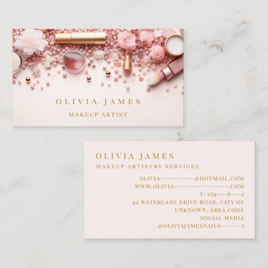 ピンクと金ゴールドメイクアップアーティスト化粧品美しいサロン 名刺 (正面/裏面)