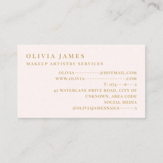 ピンクと金ゴールドメイクアップアーティスト化粧品美しいサロン 名刺 (裏面)