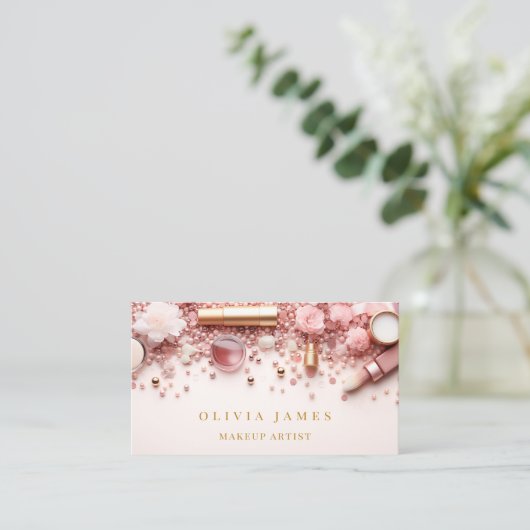ピンクと金ゴールドメイクアップアーティスト化粧品美しいサロン 名刺 (スタンド正面)