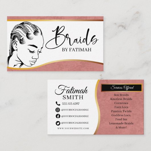 ピンクと金ゴールドモダンの毛編みサロン事業 名刺 (正面/裏面)