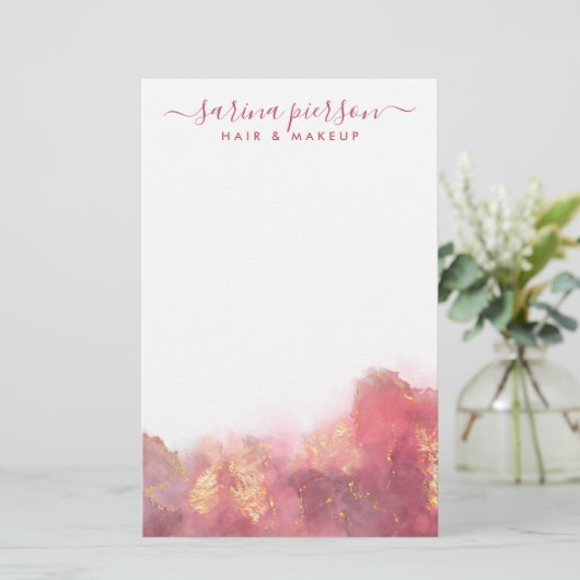 ピンクと金ゴールドモダンの液体水カラーインク 便箋 (スタンド正面)