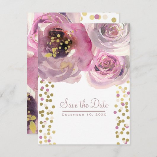 ピンクと金ゴールドモダンフローラ水彩保存日 案内ポストカード (正面/裏面)