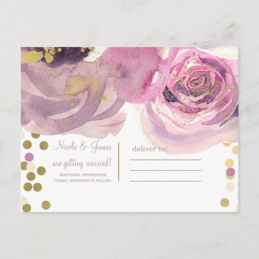 ピンクと金ゴールドモダンフローラ水彩保存日 案内ポストカード (裏面)
