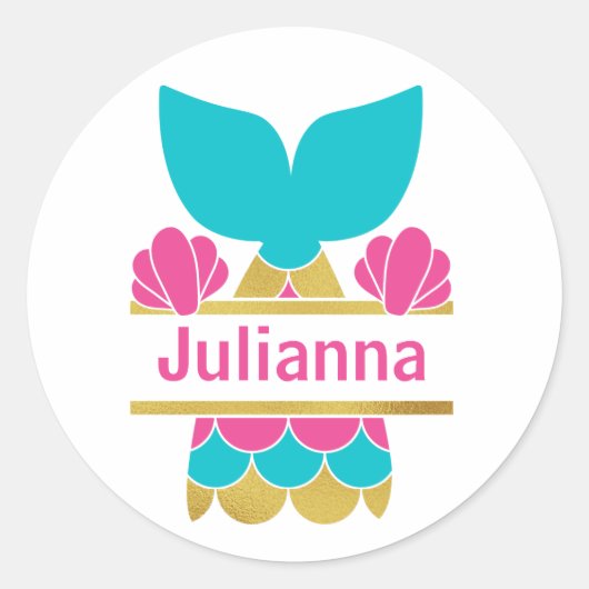 ピンクと金ゴールドモノグラムまたは名前マーメイド ラウンドシール (正面)