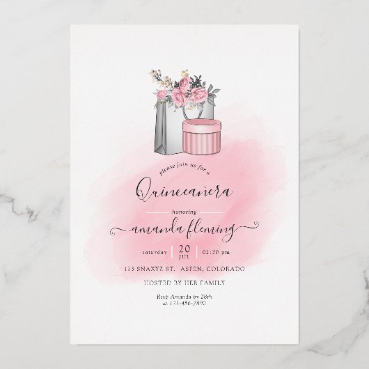 ピンクと金ゴールドモノグラムシックキンセアニラ 箔招待状 (裏面)