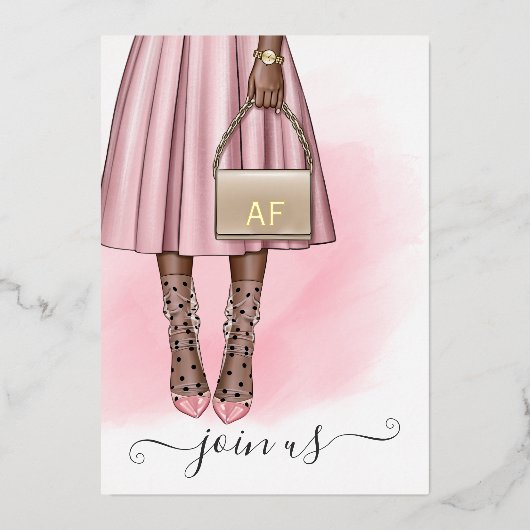 ピンクと金ゴールドモノグラムシックキンセアニラ 箔招待状 (正面)