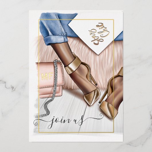 ピンクと金ゴールドモノグラムシックQuinceaneraホイルインバート 箔招待状 (正面)