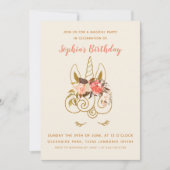 ピンクと金ゴールドユニコーンガールズ誕生日 招待状 (正面)