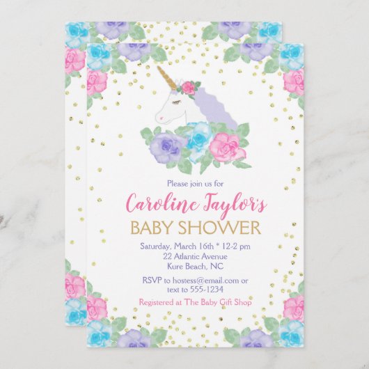 ピンクと金ゴールドユニコーンベビーシャワー招待状 招待状 (正面/裏面)