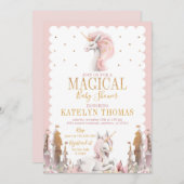 ピンクと金ゴールドユニコーンベビーシャワー招待状 招待状 (正面/裏面)
