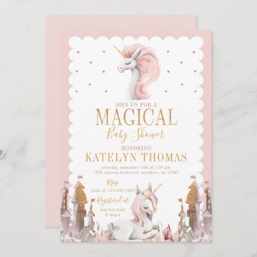 ピンクと金ゴールドユニコーンベビーシャワー招待状 招待状 (正面/裏面)