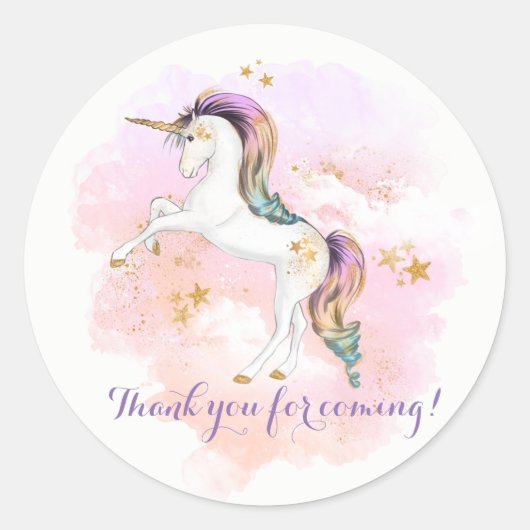 ピンクと金ゴールドユニコーン誕生日パーティステッカー ラウンドシール (正面)