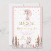 ピンクと金ゴールドユニコーン誕生日招待状マジカル 招待状 (正面)