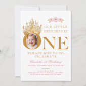 ピンクと金ゴールドリトルプリンセス1stバースデーフォト 招待状 (正面)
