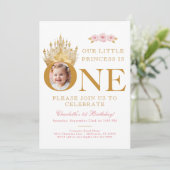 ピンクと金ゴールドリトルプリンセス1stバースデーフォト 招待状 (スタンド正面)