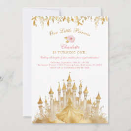ピンクと金ゴールドリトルプリンセス1st誕生日 招待状