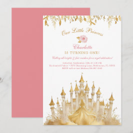 ピンクと金ゴールドリトルプリンセス1st誕生日 招待状