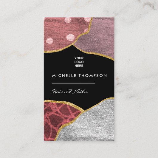 ピンクと金ゴールドリネンのファブリックの名刺 名刺 (正面)
