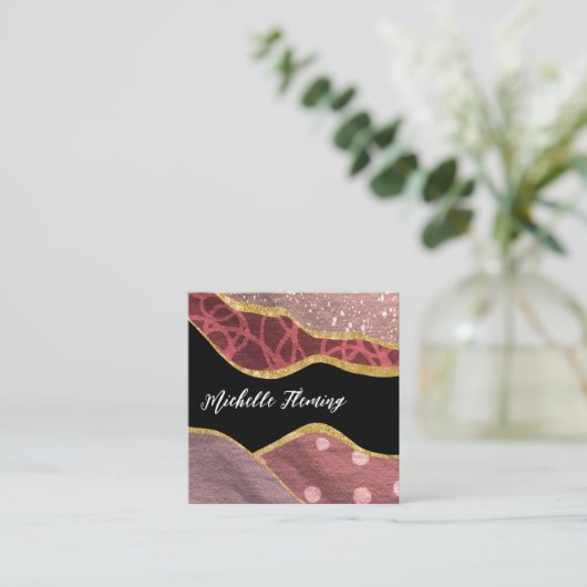 ピンクと金ゴールドリネンファブリックデニム スクエア名刺 (スタンド正面)