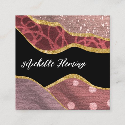 ピンクと金ゴールドリネンファブリックデニム スクエア名刺 (正面)