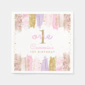 ピンクと金ゴールドレインボー1歳の誕生日パーティー スタンダードカクテルナプキン (正面)
