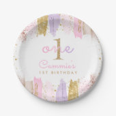 ピンクと金ゴールドレインボー1歳の誕生日パーティー ペーパープレート (正面)