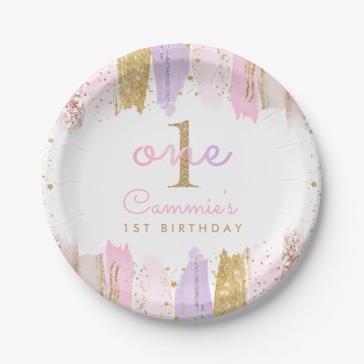 ピンクと金ゴールドレインボー1歳の誕生日パーティー ペーパープレート (正面)