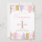 ピンクと金ゴールドレインボー1歳の誕生日パーティー 招待状 (正面)